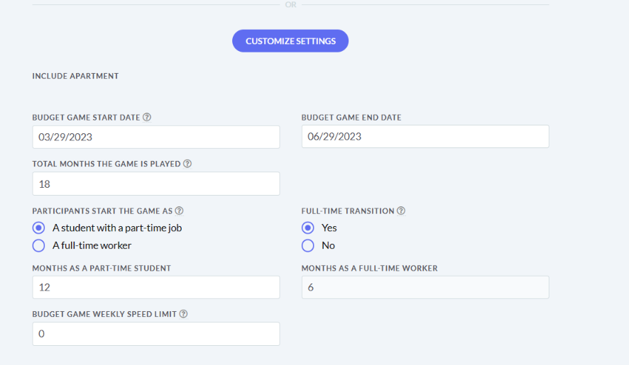 Customize Budget Game Settings